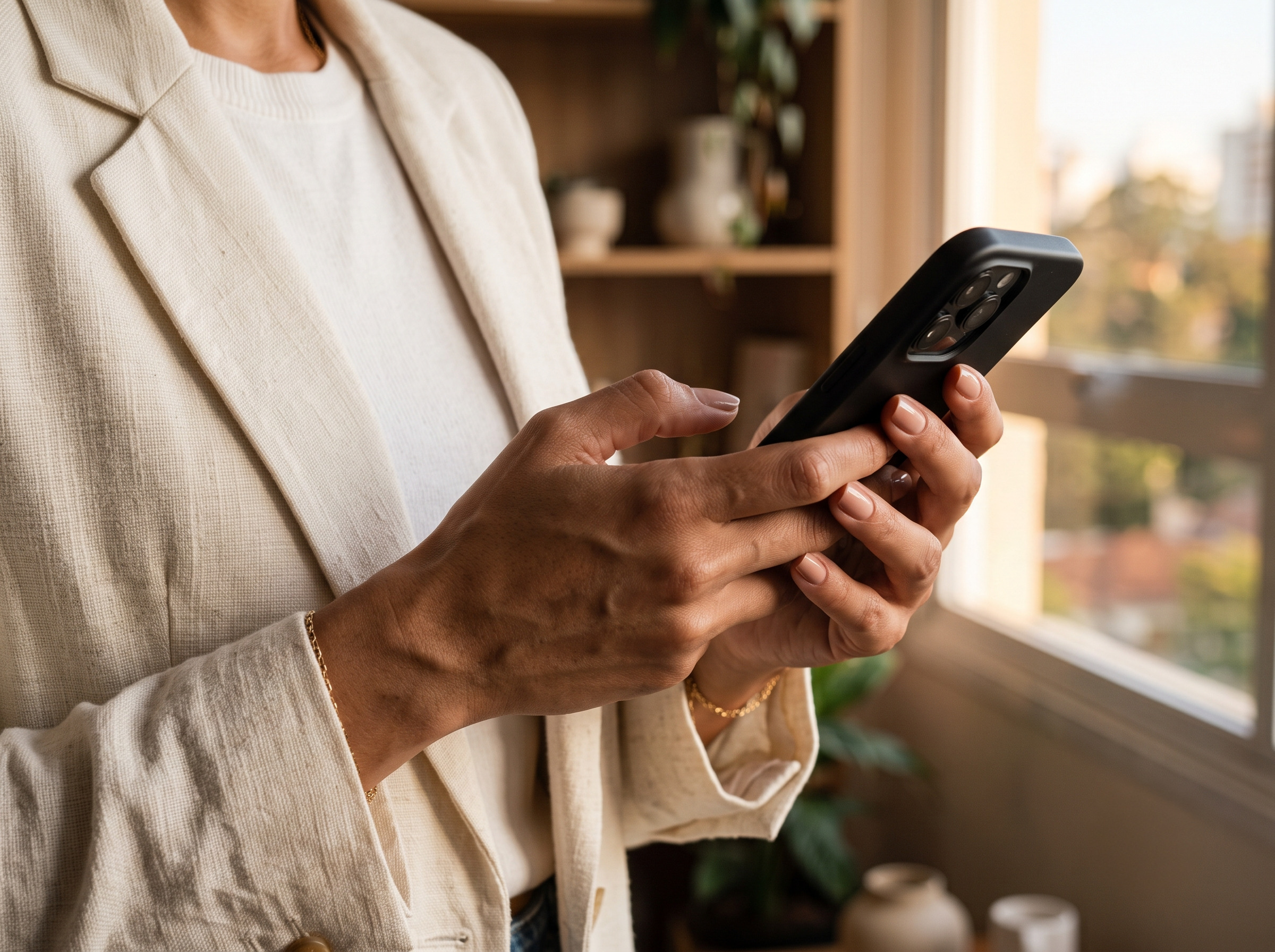 mãos femininas digitando no celular.